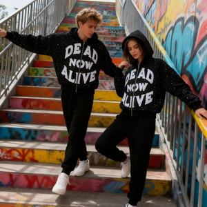 Sweat à capuche personnalisé 2026, nouveau, avec strass, streetwear, entièrement orné de strass, brodé, coupe oversize, zippé, pour homme - Product Image 3