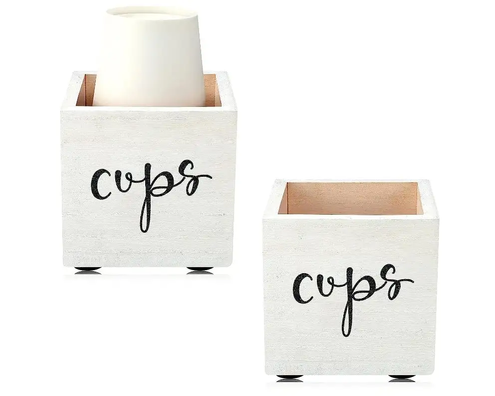 2 टुकड़े लकड़ी के बाथरूम डिस्पोजेबल कप मशीन 3 oz 5 oz पेपर कप भंडारण बॉक्स कप धारक फार्महाउस पेय चायदान के लिए पार्टी