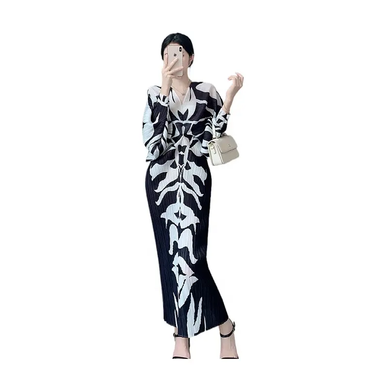 Miyake Printed Design Dress 2022 Autumn New Style Loose Slimmer Look Fashionable Classy Age-Reducing Fish tail