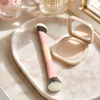 Pinceau de maquillage double embout personnalisé avec logo, en aluminium rose doré, poils véganes, pour fond de teint et anticernes, outil de mélange angulaire, rose