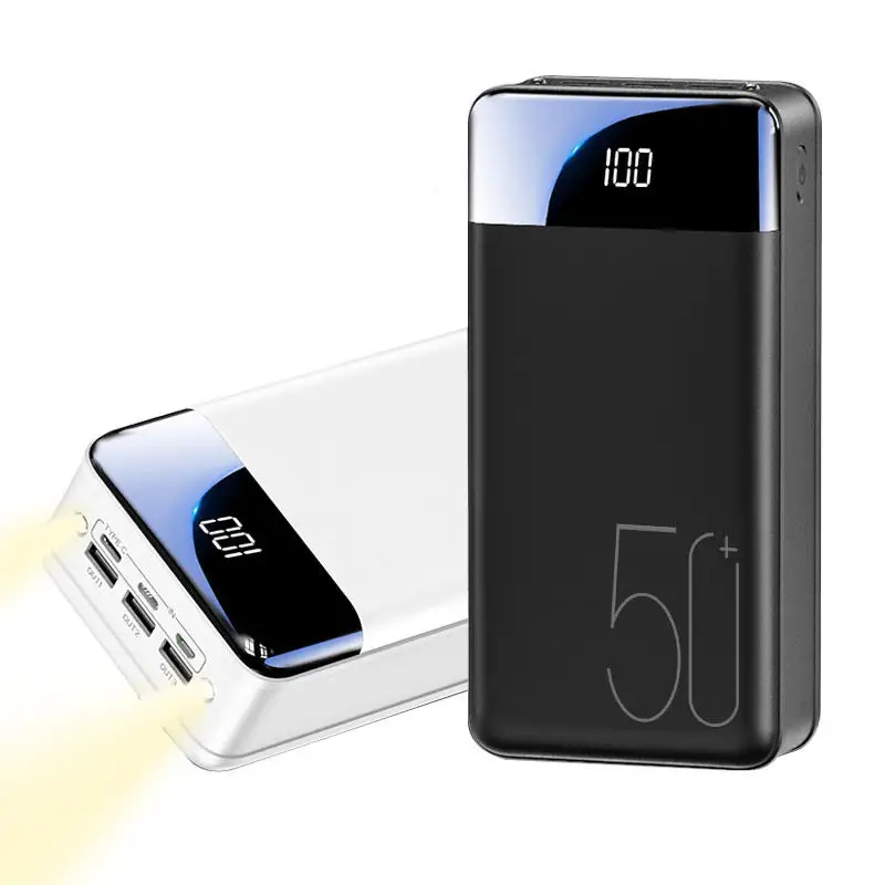 Nova Alta Capacidade Frete Grátis Power Bank 50000mah Tipo C Led Display Duplo Cabo Powerbank Lâmpada com Noite Leds China Factory