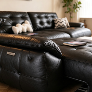 Sofá Seccional Moderno de Cuero Genuino Negro con Respaldo Acolchado y Función Reclinable para Sala de Estar - Product Image 4