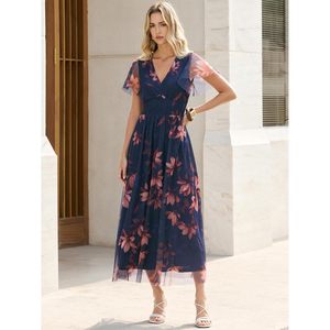 Vestido Maxi Floral para Mujer, Cuello en V, Manga Corta, Corte en A, Chifón Transparente, Cintura Imperio, para Vacaciones, Playa, Invitada de Boda, Fiesta - Product Image 2