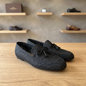Handmade Black Straw Loafers With Bow Decoration Round Toe Breathable Summer Slippers For Women - Product Image 2