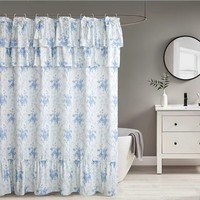 Rideau de douche style ferme chic shabby, blanc, en polyester imperméable, motif brise fraîche, tissu à volants, grand nœud, pour une ambiance douillette dans la salle de bain et la maison