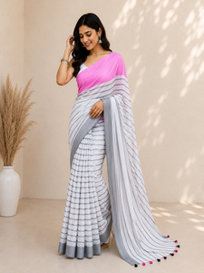 Sari de Mezcla de Algodón Blanco, Elegante Sari Tradicional Indio Étnico para Mujer, Tela Suave y Ligera para Uso Casual - Product Image 1
