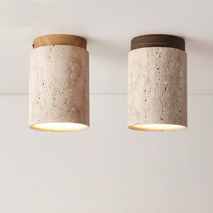 Plafonnier cylindrique en travertin style Wabi Sabi avec base en bois, lampe encastrée rétro pour couloir et salon - Product Image 1