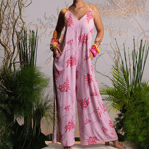 Nuevo mono de playa con estampado, cuello en V, pierna ancha, tirantes, personalizado, transpirable, de rayón, para mujer - Product Image 1