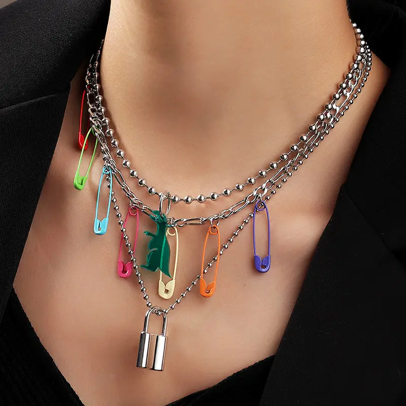 Fashion Silver Plated Ball Chain Colorful Safety Pin Lock Animal Dinosaur Pendant Women Layered Necklace Jewelry