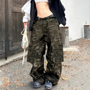 Pantalon cargo en jean vintage à imprimé camouflage pour femme, taille basse, coupe ample, style hip-hop décontracté, multi-poches - Product Image 1