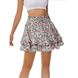 FOXA Minifalda floral escalonada para mujer con pantalones cortos, cintura elástica, falda de gasa con corte en A - Product Image 3