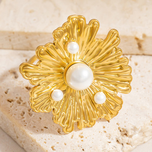 Floral Pearl <b>Ring</b> 18K Gold <b>Titanium</b> Steel Bezel Setting Unisex Everyday Wear Jewelry - Product Image 3