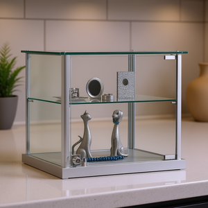 Aluminium Framed Countertop Showcase 45x45cm <b>Light</b> Grey Tempered Glass <b>Hinged</b> Lockable Door - Product Image 3