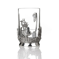Chope à bière en verre avec base et poignée en alliage de zinc, magnifique chope en verre étain, type tankard, avec motif Viking et navire long.