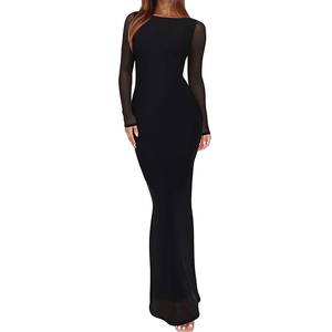 Robe longue élégante personnalisée pour femme, en maille transparente unie à manches longues, pour invitée de mariage, sexy, moulante, à motif floral, pour soirée - Product Image 1