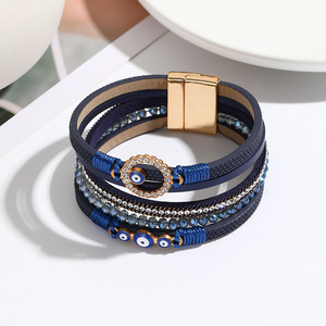 Bohemian Style Handmade Woven Diamond Inlaid Multi Layer PU <b>Leather</b> Magnetic Buckle Turkey Blue Evil Eye <b>Leather</b> <b>Bracelet</b>&Bangle - Product Image 5