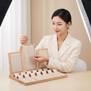 Solid Wood Jewelry Display Rack Beige Velvet Partitioned Desktop Organizer For <b>Necklace</b> <b>Ring</b> Earring Storage Creative Style - Product Image 1