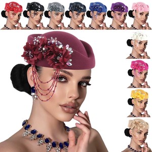 Chapeau en feutre pour femme, accessoire de cérémonie avec strass, franges, béret doux pour femmes - Product Image 1