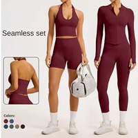 Conjunto de 2 piezas para mujer: Top halter sin costuras con espalda descubierta y hombros descubiertos, y shorts de yoga con almohadillas, de cintura alta, efecto levantamiento de glúteos, de secado rápido, con cierre frontal.