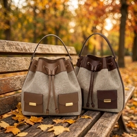 Sac fourre-tout de luxe en cuir véritable et toile pour femme, élégant et haut de gamme, avec cordon de serrage, sac à bandoulière