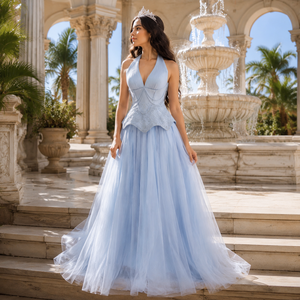 251102 Vestido de Noche Elegante Azul Claro de Gasa con Cuello Halter, Corte A, Apliques de Perlas y Encaje, con Cuentas, Largo hasta el Suelo, para Fiesta - Product Image 1