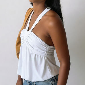 Top décontracté uni à col halter, cintré à la taille, ample, sans bretelles, sexy, dos nu, patchwork, coupe trapèze - Product Image 5