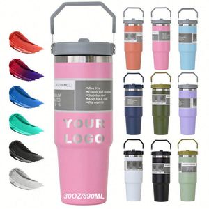 Gobelet isotherme en acier inoxydable à double paroi de 30 oz avec logo personnalisé, vente en gros, pour bière et café, avec poignée et paille - Product Image 2