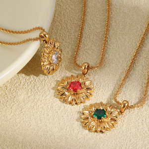 B080 Vente en gros Collier pendentif en acier inoxydable plaqué or 18 carats, motif tournesol, avec pierres de cristal colorées et brillantes, pour femme - Product Image 5