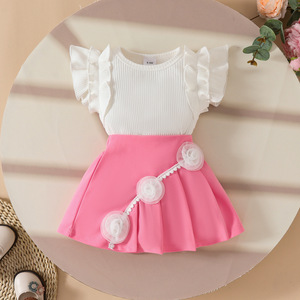 2025 Summer Solid White Cotton Top Pleated Skirt Set for Toddler Girls <strong>Handmade</strong> Casual Style Ruffled Sleeveless Sweet Flower - Product Image 2