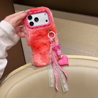 Coque de téléphone en peluche dégradée mignonne avec pendentif breloque cœur, nœud et dentelle, Housse d'hiver pour iPhone 13 14 15 16 17 18 Pro Max 18 Pro