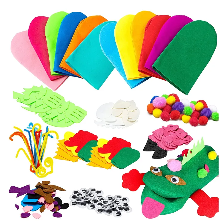 Kit de marionetas de mano para niños, calcetín de fieltro artesanal, juguetes de títeres, creativo, DIY, haz tus propias marionetas, pompones