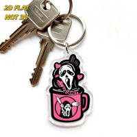 Porte-clés en acrylique Scream Ghost in Pink Mug, design Horreur-Mignon avec icônes Cœurs et Couteau, bordure transparente et anneau métallique