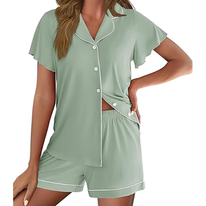 Pigiama da donna con colletto a risvolto, maniche corte, top abbottonato, pantaloncini con elastico in vita, morbido completo da notte due pezzi - Product Image 4