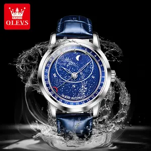 OLEVS 9923 Automatic Mens Moon Pointer Movement Fashion Blue Leather Mechanical Watches