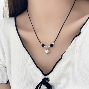 Yinruitai S925 Sterling Silver <b>Heart</b> Necklace <b>Black</b> Agate Pendant For Women Korean Style Collarbone Chain Gift Jewelry - Product Image 1