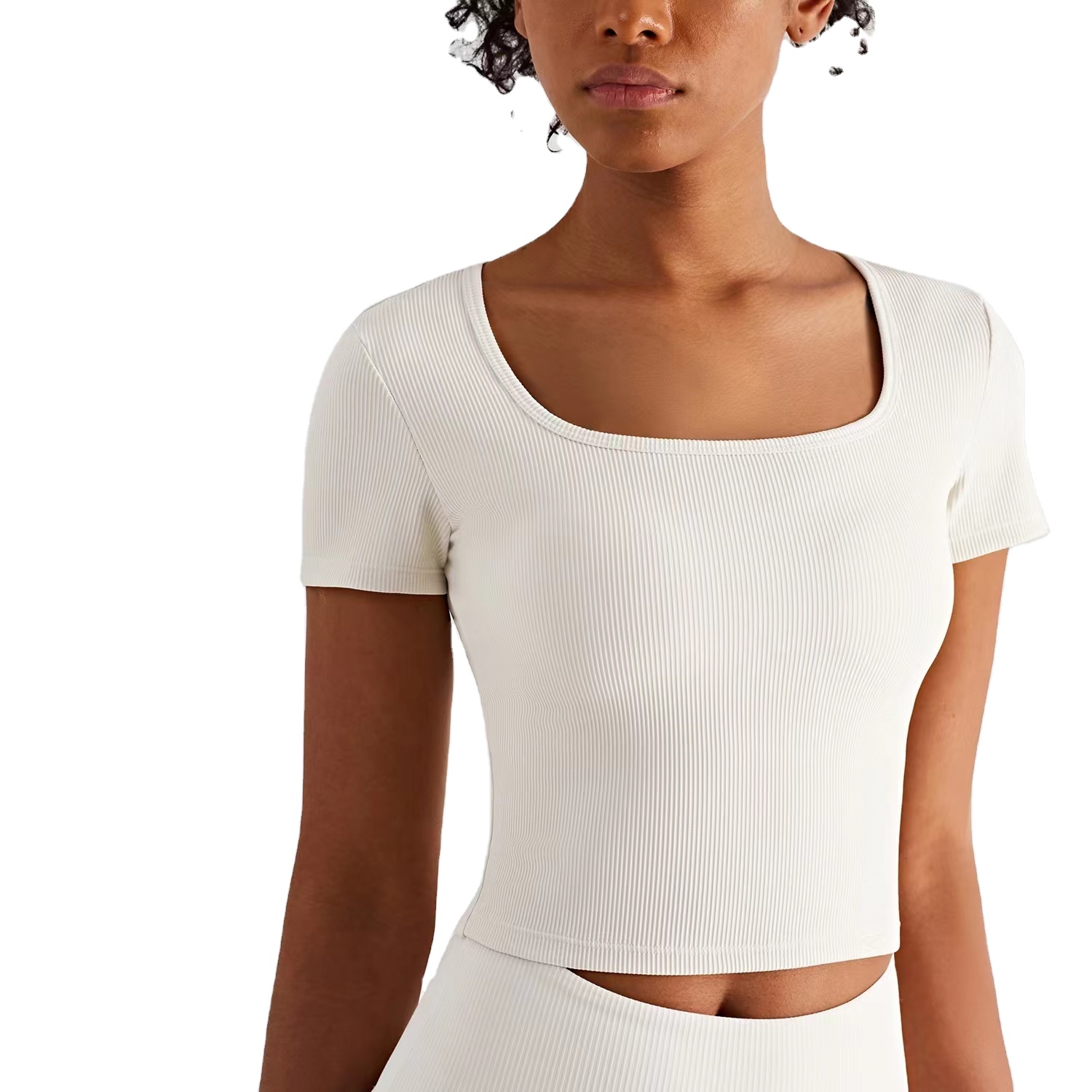 New Ribbed Sports Short-sleeved T-shirt Women's Slim Square Neck Sports Top Yoga Clothes