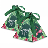 Boîtes à bonbons en papier tropicales en forme de pyramide Flamingo avec ruban, cadeaux spéciaux, boîtes à dragées triangulaires pour mariage, fête, cadeaux sucrés