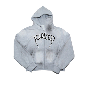 Sweat à capuche zippé court imprimé dégradé pour homme, 100 % coton gris chiné délavé, coupe ample, respirant, style streetwear - Product Image 1