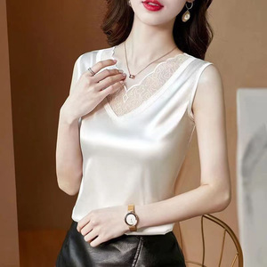 White Lace V-Neck Sleeveless Camisole For Women Summer Solid Color Splicing Base Layer Top Micro Elasticity Polyester Fabric - Product Image 1