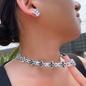 Joyería Hip Hop, <span class=keywords><strong>Collar</strong></span> y Pendientes con Trébol <span class=keywords><strong>de</strong></span> 4 Hojas Azul <span class=keywords><strong>Zafiro</strong></span>, Cadena Cubana con Circonitas Cúbicas, Juego <span class=keywords><strong>de</strong></span> Joyería para Mujer y Hombre - Product Image 3