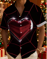 Chemise pour homme à imprimé numérique 3D en forme de cœur et de toile d'araignée pour Noël, tendance et polyvalente, à manches courtes, décontractée, adaptée à un usage quotidien