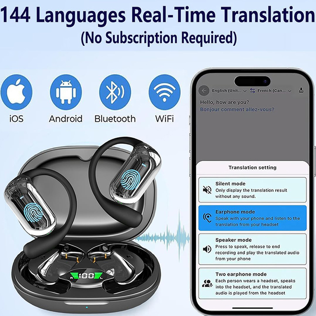 Manufacturer Custom Wireless Ear Hook OWS Open Earphone Translation 144 Languages AI Translate TWS Earbuds for Travel Business