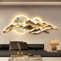 Peinture Paysagère Moderne de Luxe avec Éclairage LED pour Salon, Vues de Montagnes Dorées, Idéale pour les Murals au Dos du Canapé