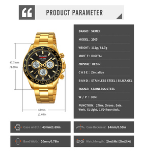 SKMEI 2505 bracelet en acier inoxydable montres pour hommes multi-fonctionnel Date luxe étanche montre de sport pour hommes Reloj montre numérique - Product Image 4