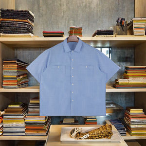 Chemise Courte Boxy Bleue 100% Coton Personnalisable à Boutons, Anti-Plis, Col Décontracté, Respirante, Imprimée, Grande Taille, Été - Product Image 2