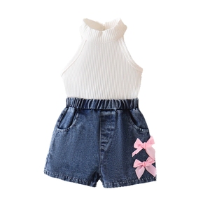 Top estivo a costine rosa e bianco con laccetti da ragazza + <span class=keywords><strong>pantaloncini</strong></span> in denim con fiocco dolce in cotone per bambini - Product Image 4