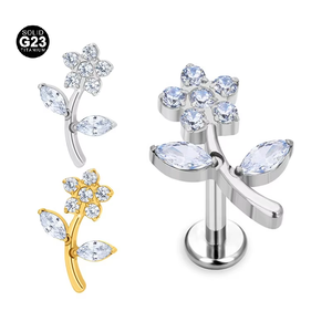 Unico G23 titanio <span class=keywords><strong>Piercing</strong></span> fiore orecchini in <span class=keywords><strong>argento</strong></span> placcato oro Flat Back Labret Lip Tragus <span class=keywords><strong>Piercing</strong></span> gioielli - Product Image 1