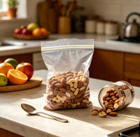 Sac à fermeture éclair en PE transparent écologique, imprimé sur mesure, auto-scellant, pour fruits secs, noix, sushis, aliments pour animaux, gelée, sachet