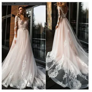 FA143 أنيقة الدانتيل فستان الزفاف 2023 بسيط خط الزفاف اللباس الخامس الرقبة مثير رومانسية الطابق طول ثوب زفاف