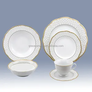 Home Kitchen Royal Luxury 24 piece Wavy Shape Ceramic Fine Porcelain Modern china Gold Dot Dinnerware